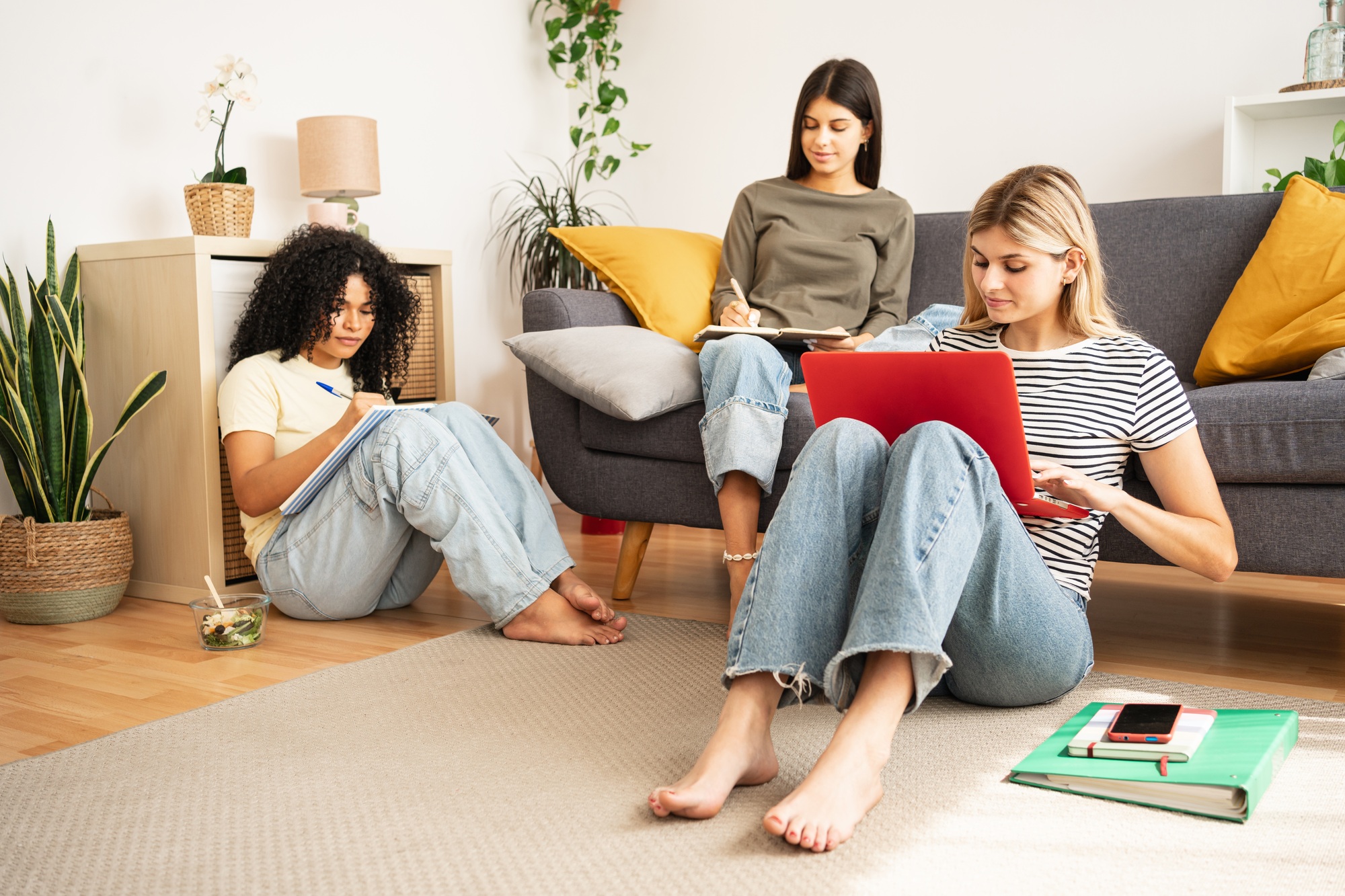 Flatmate student girl friends studying together using laptop to at home
